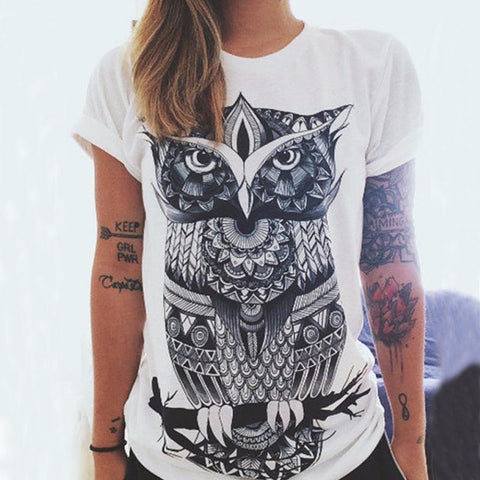 Women Casual Owl Blouse T-Shirt Loose O-neck Tops Tee